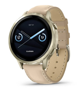 картинка Часы Garmin VENU 4  41 мм, Lunar Gold with Bоne Silicone Band, Light Sand Leather Band от магазина DivingWolf
