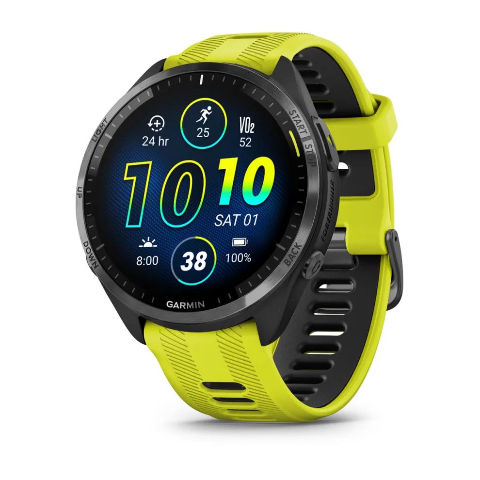 Garmin FORERUNNER 965 черные, темно-серый DLC титановый безель, с желто-черным ремешком