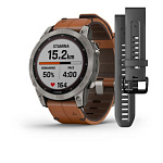 Garmin FENIX 7 Sapphire Solar титановый серый с коричневым кожаным ремешком