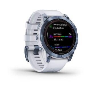 картинка Часы Garmin FENIX 7 Sapphire Solar титановый синий минерал DLC с белым ремешком от магазина DivingWolf